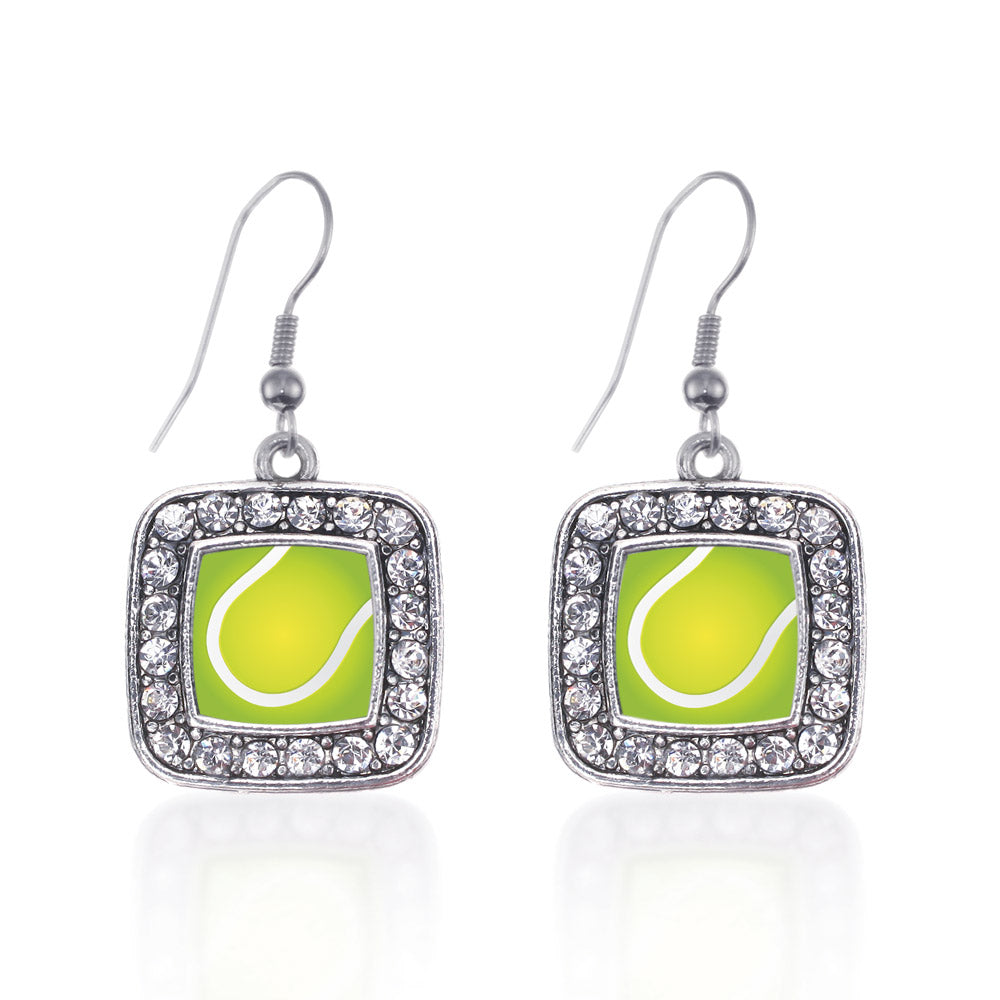 Silver Tennis Square Charm Dangle Earrings