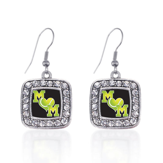 Silver Tennis Mom Square Charm Dangle Earrings