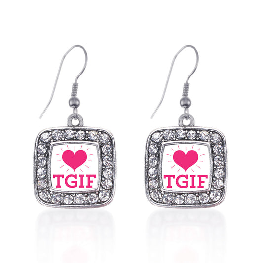 Silver TGIF Square Charm Dangle Earrings