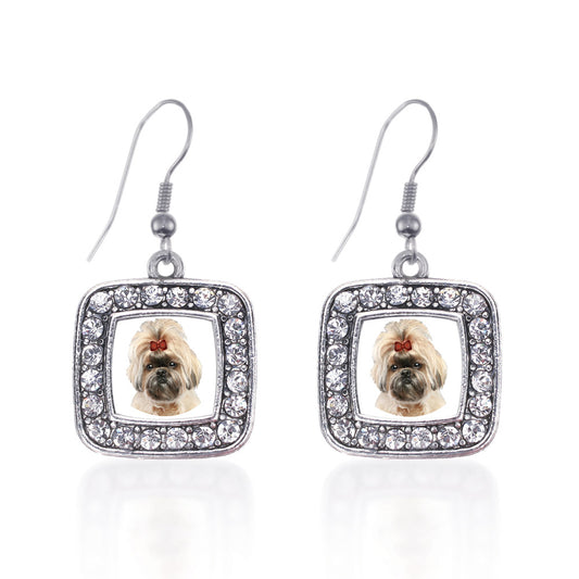 Silver The Shih Tzu Square Charm Dangle Earrings