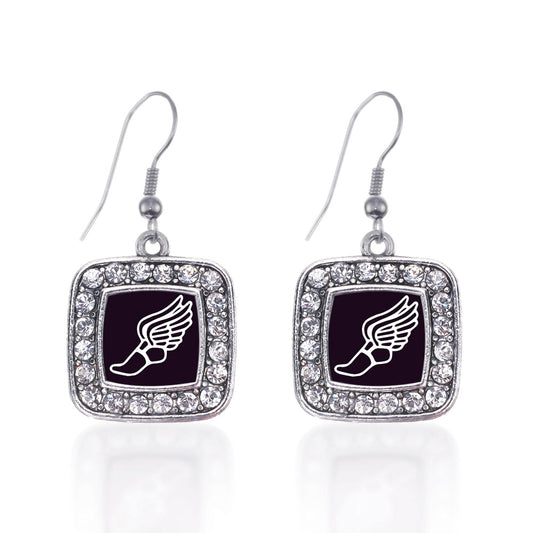 Silver Track Runner Square Charm Dangle Earrings