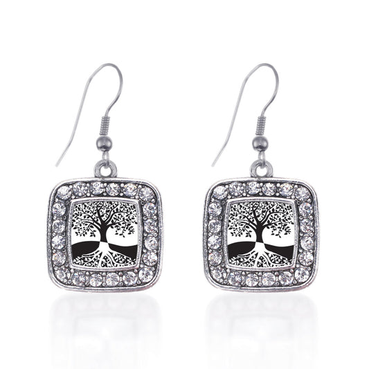 Silver Tree Of Life Square Charm Dangle Earrings