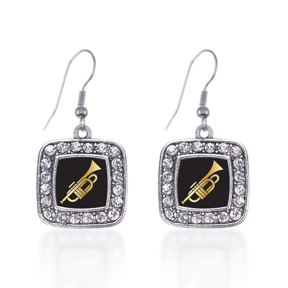Silver Trumpet Square Charm Dangle Earrings