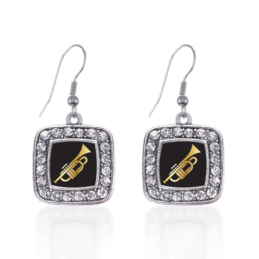 Silver Trumpet Square Charm Dangle Earrings