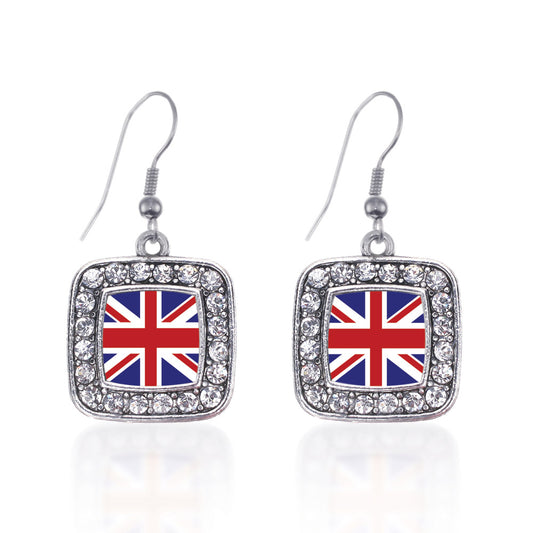 Silver UK Flag Square Charm Dangle Earrings