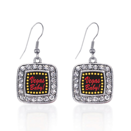 Silver Vegas Baby Square Charm Dangle Earrings