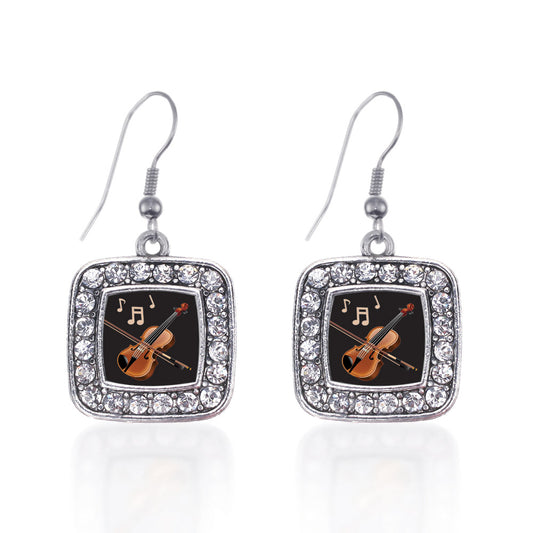 Silver Violin Square Charm Dangle Earrings