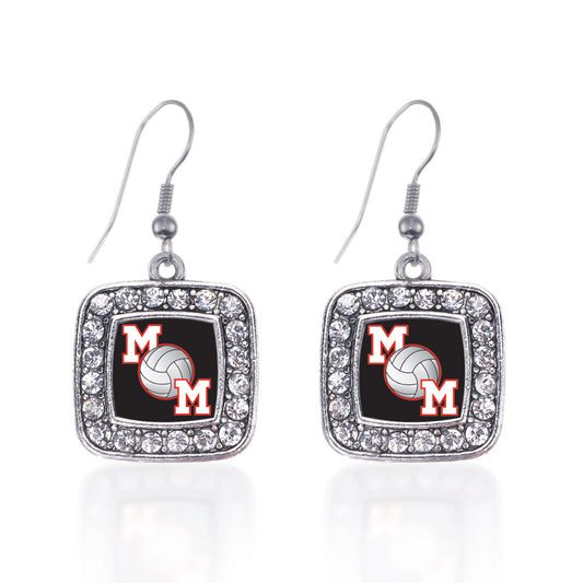 Silver Volleyball Mom Square Charm Dangle Earrings