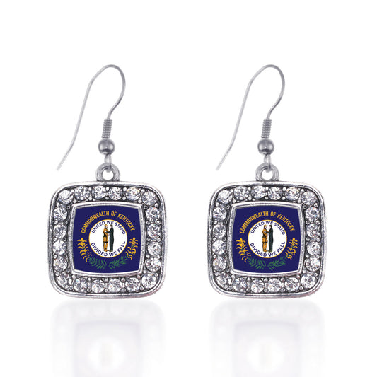 Silver Kentucky Flag Square Charm Dangle Earrings