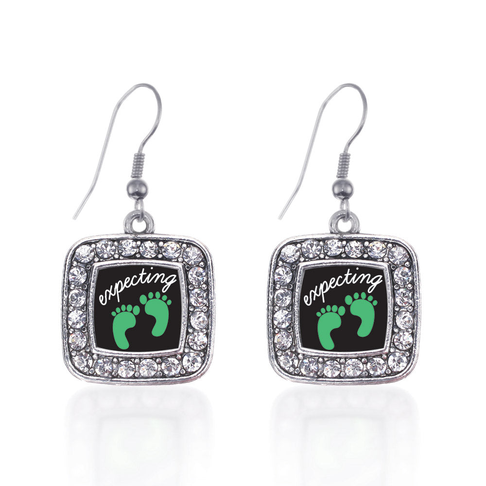 Silver We're Expecting! Footprints Square Charm Dangle Earrings