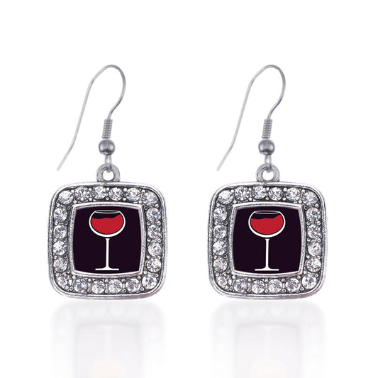 Silver Wine Lovers Square Charm Dangle Earrings