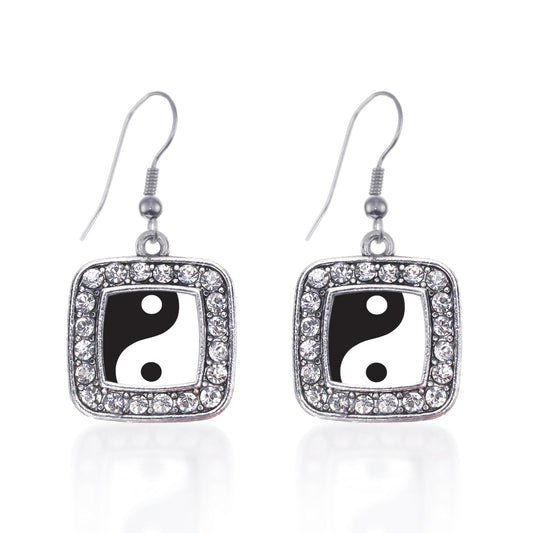 Silver Yin- Yang Square Charm Dangle Earrings