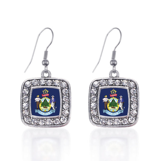 Silver Maine Flag Square Charm Dangle Earrings