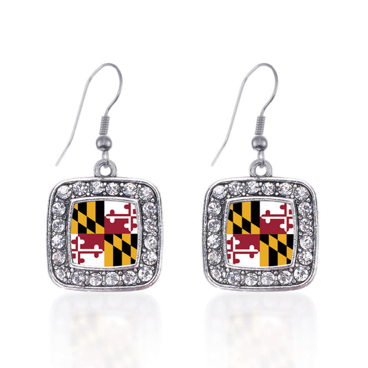 Silver Maryland Flag Square Charm Dangle Earrings