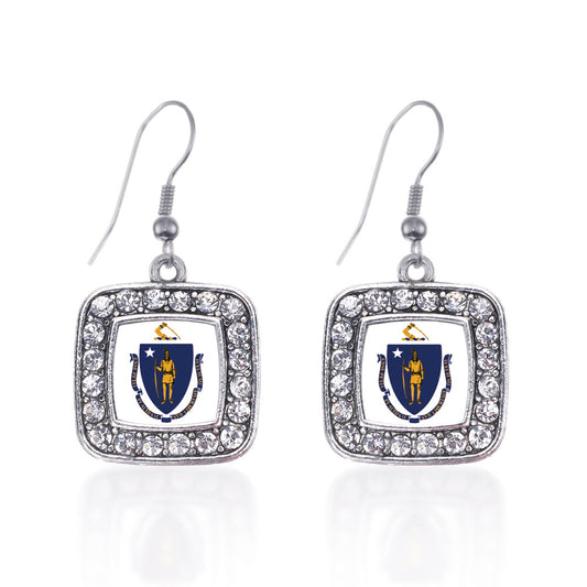 Silver Massachusetts Flag Square Charm Dangle Earrings