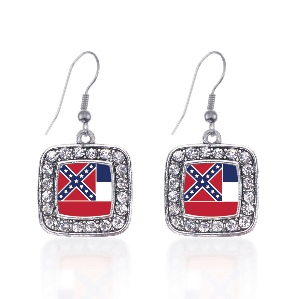 Silver Mississippi Flag Square Charm Dangle Earrings