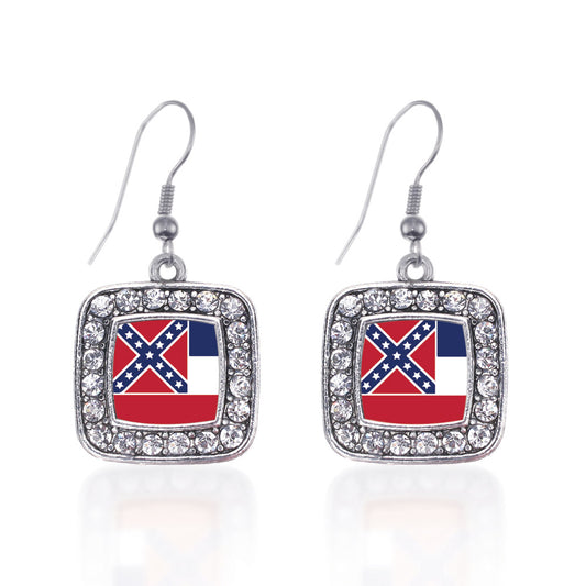 Silver Mississippi Flag Square Charm Dangle Earrings