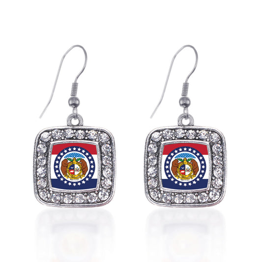 Silver Missouri Flag Square Charm Dangle Earrings