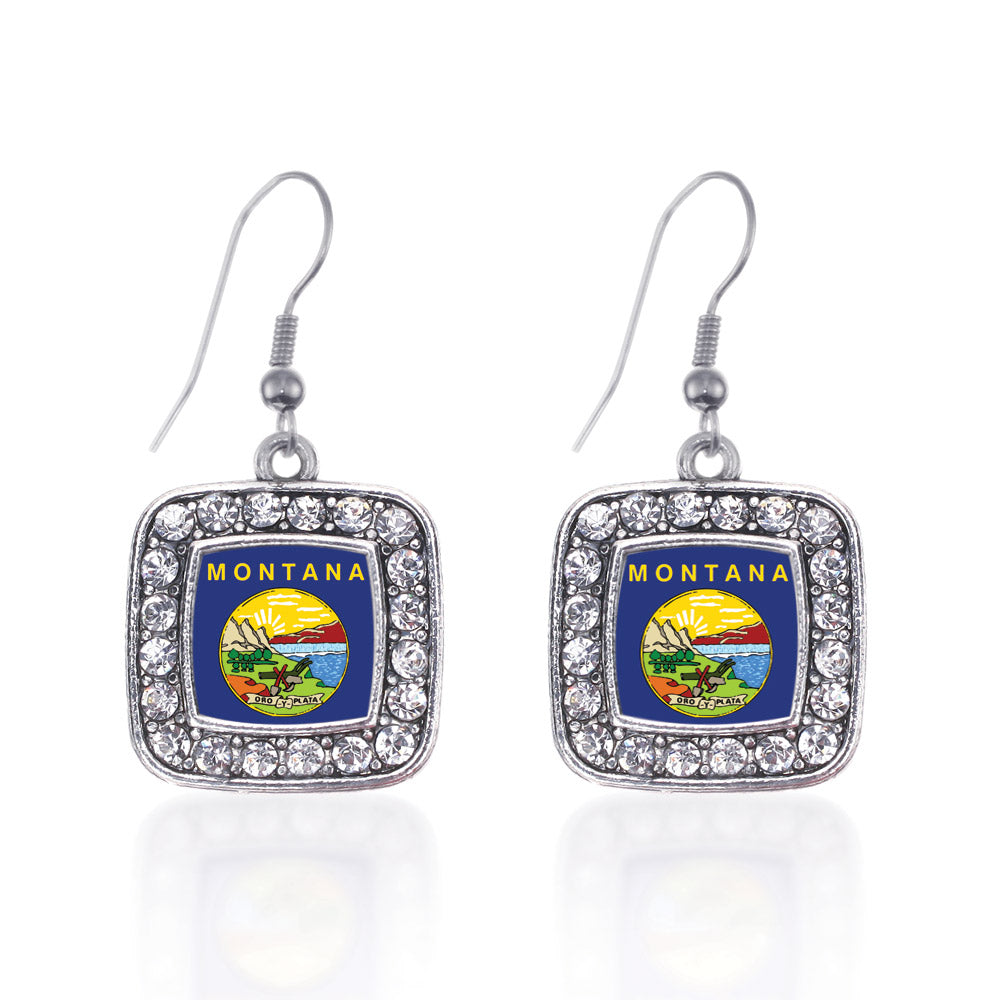 Silver Montana Flag Square Charm Dangle Earrings