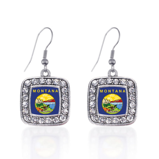 Silver Montana Flag Square Charm Dangle Earrings