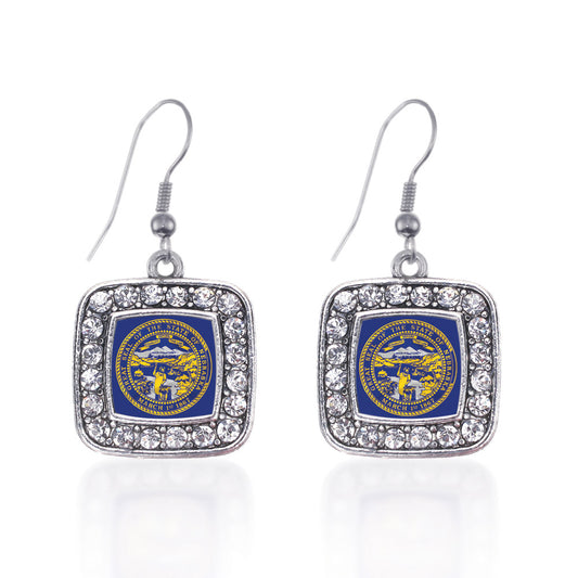 Silver Nebraska Flag Square Charm Dangle Earrings