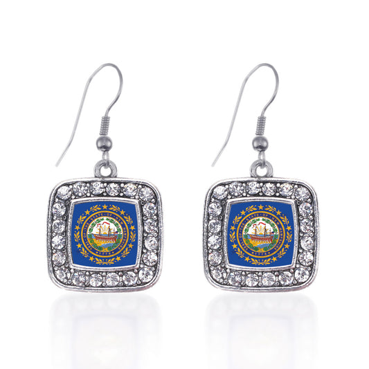 Silver New Hampshire Flag Square Charm Dangle Earrings