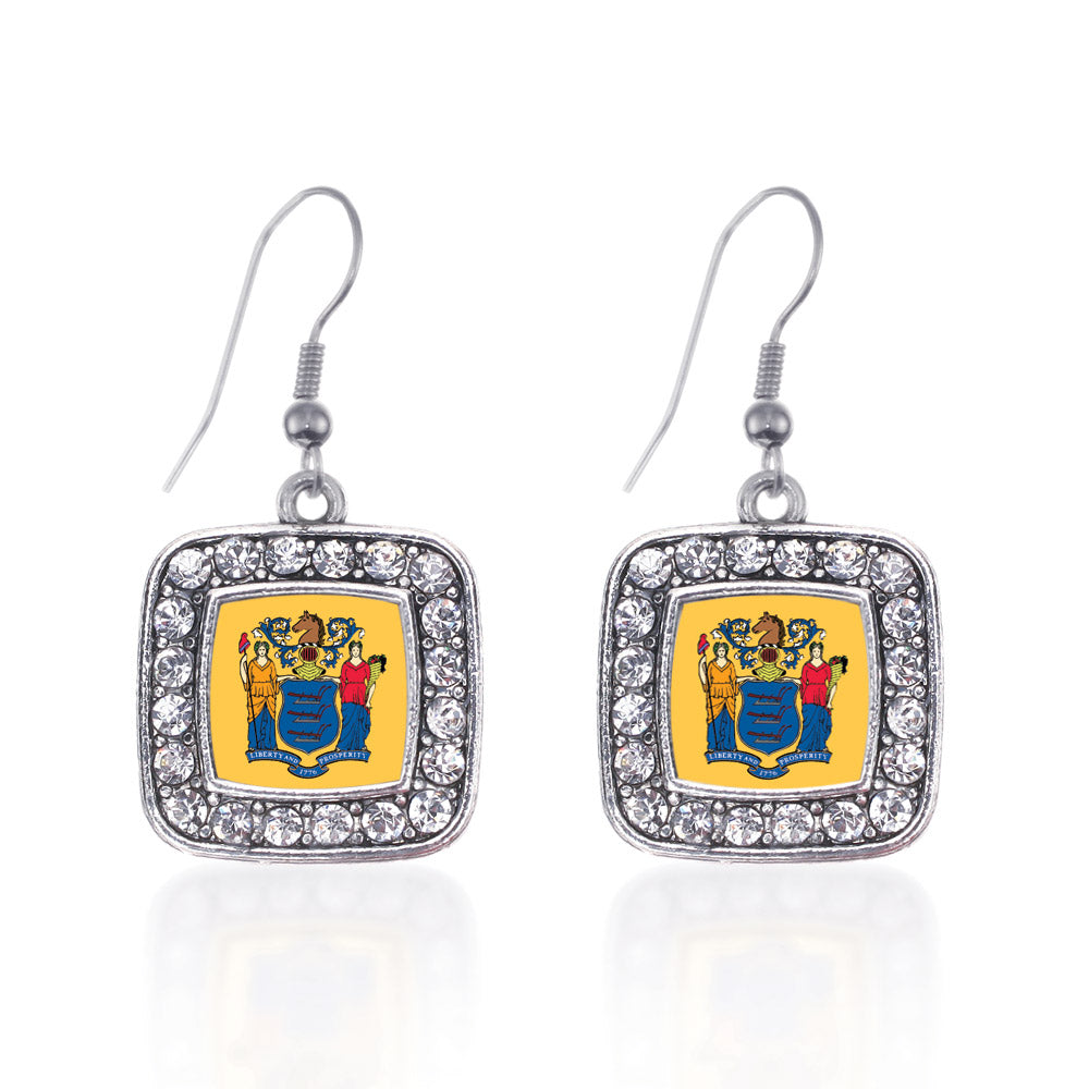 Silver New Jersey Flag Square Charm Dangle Earrings