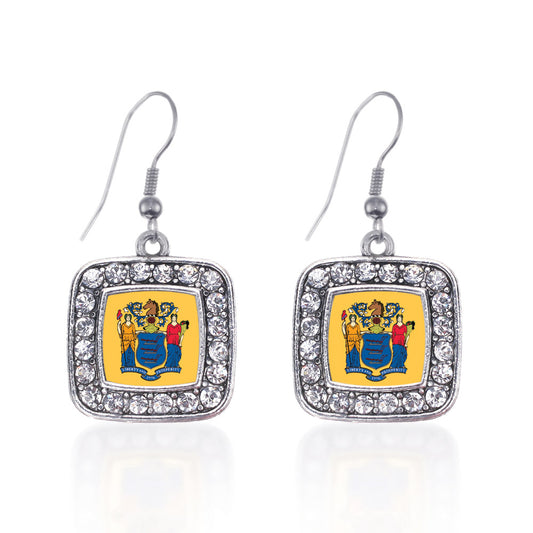 Silver New Jersey Flag Square Charm Dangle Earrings