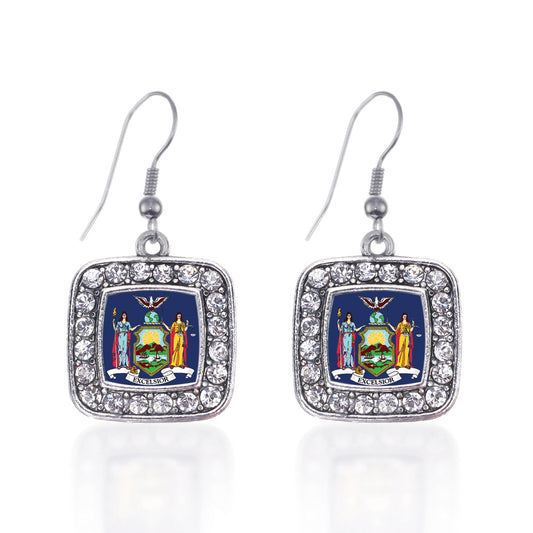 Silver New York Flag Square Charm Dangle Earrings