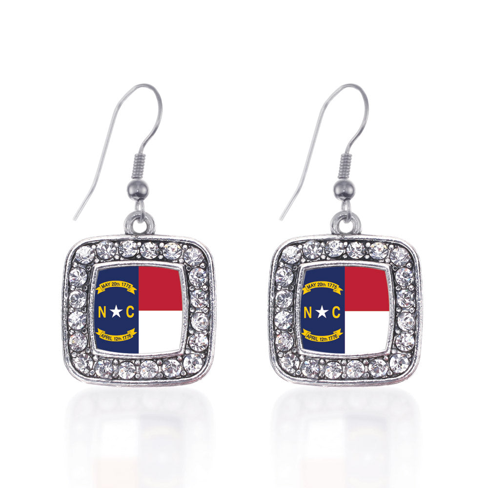 Silver North Carolina Flag Square Charm Dangle Earrings