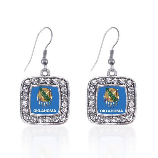 Silver Oklahoma Flag Square Charm Dangle Earrings