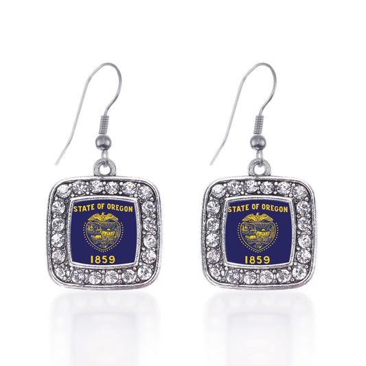 Silver Oregon Flag Square Charm Dangle Earrings