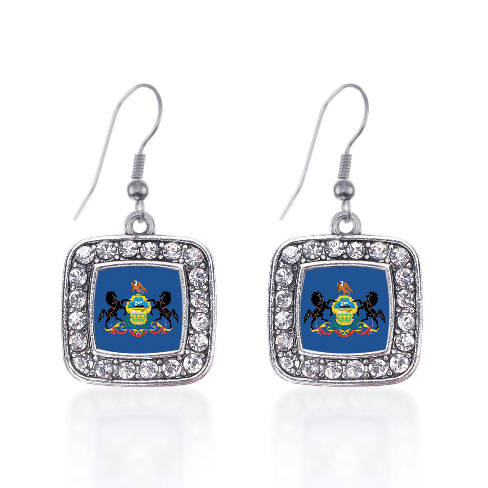 Silver Pennsylvania Flag Square Charm Dangle Earrings