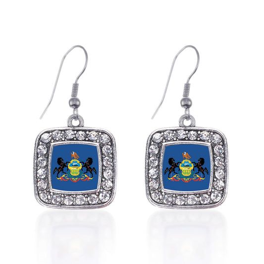 Silver Pennsylvania Flag Square Charm Dangle Earrings