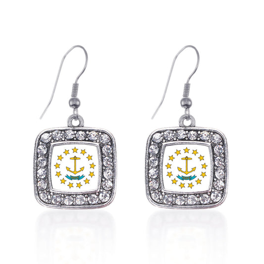 Silver Rhode Island Flag Square Charm Dangle Earrings