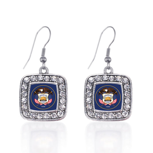 Silver Utah Flag Square Charm Dangle Earrings