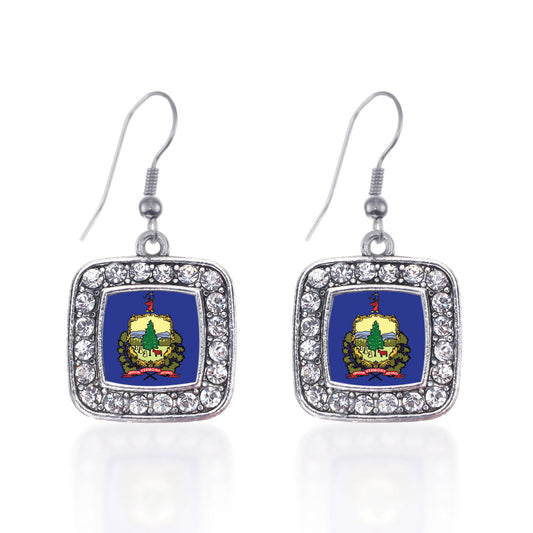 Silver Vermont Flag Square Charm Dangle Earrings