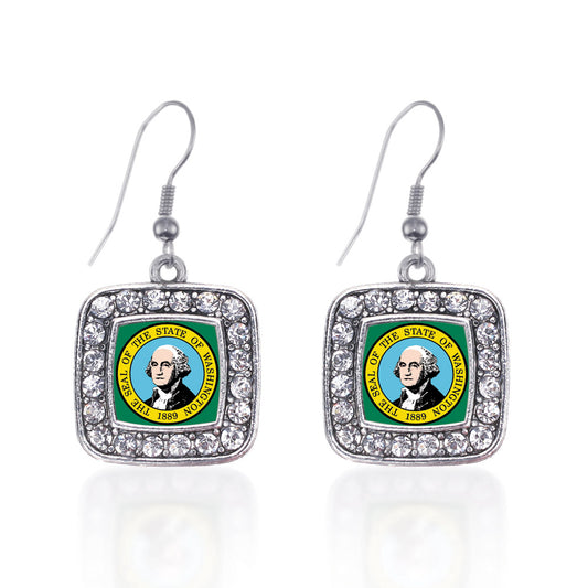 Silver Washington Flag Square Charm Dangle Earrings