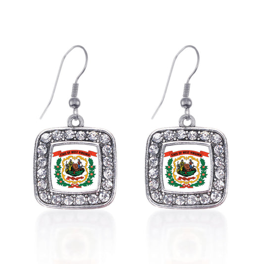 Silver West Virginia Flag Square Charm Dangle Earrings