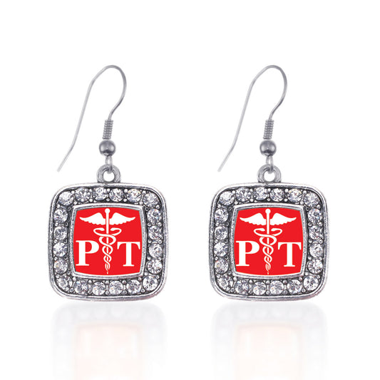Silver Physical Therapist Square Charm Dangle Earrings