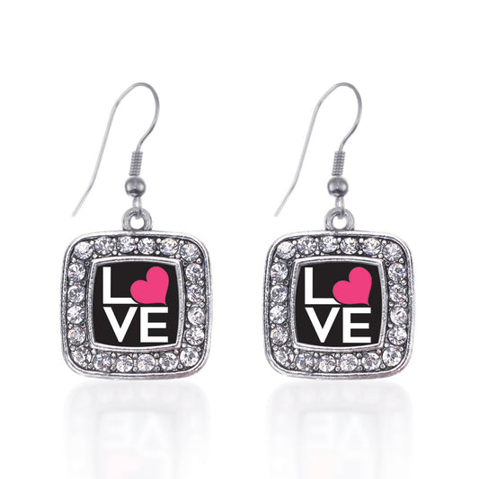 Silver Love Heart Square Charm Dangle Earrings