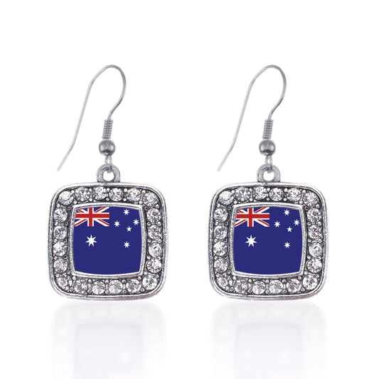 Silver Australian Flag Square Charm Dangle Earrings