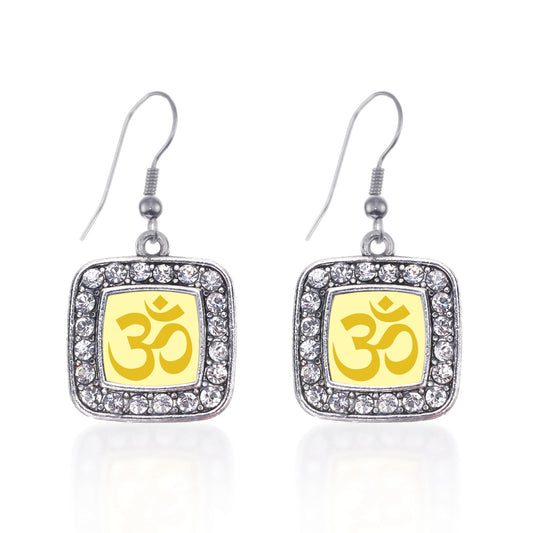 Silver OM Yoga Square Charm Dangle Earrings