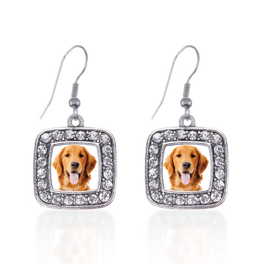Silver The Golden Retriever Square Charm Dangle Earrings