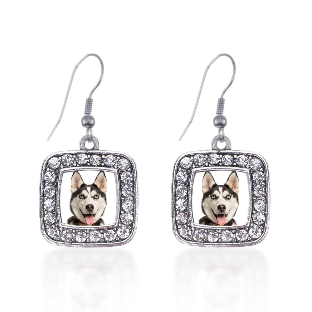 Silver Siberian Husky Square Charm Dangle Earrings