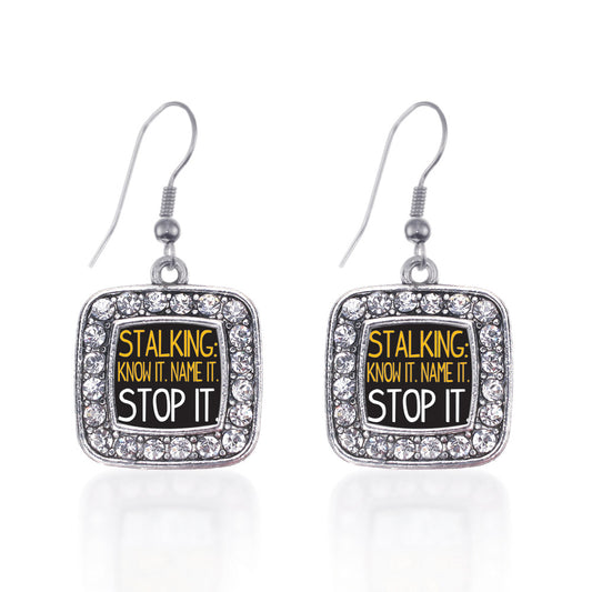 Silver Stalker Awareness Square Charm Dangle Earrings