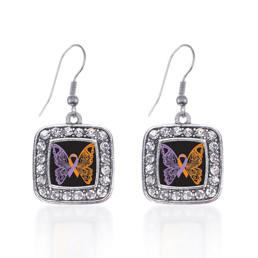 Silver Psoriasis Awareness Butterfly Square Charm Dangle Earrings