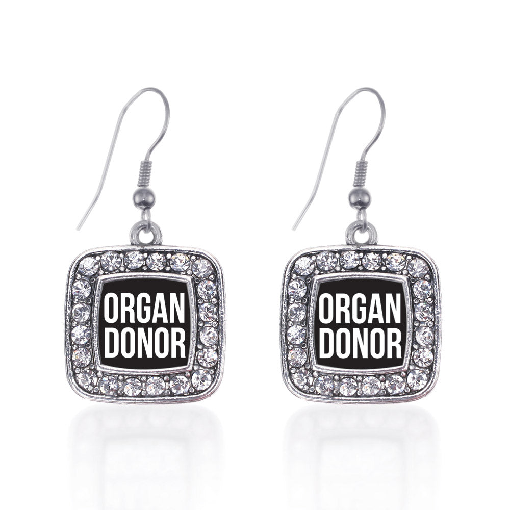 Silver Organ Donor Black Square Charm Dangle Earrings