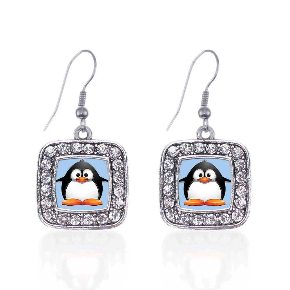 Silver Penguin Square Charm Dangle Earrings