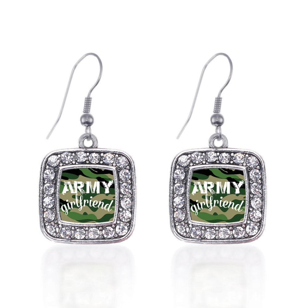 Silver Army Girlfriend Square Charm Dangle Earrings